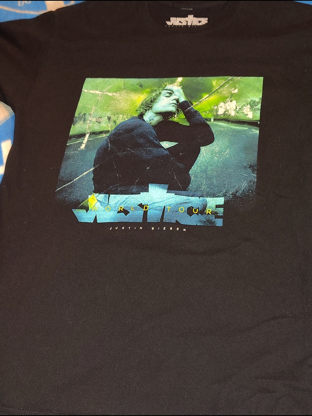 Justin Bieber Black 'World Tour' Graphic Tee - Green/Blue Print